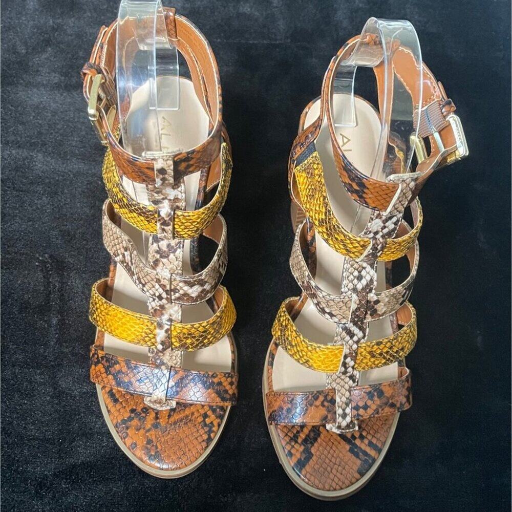 ALDO Women Heeled Sandals Size 7 Multicolor Snake Print Strappy Block Heel